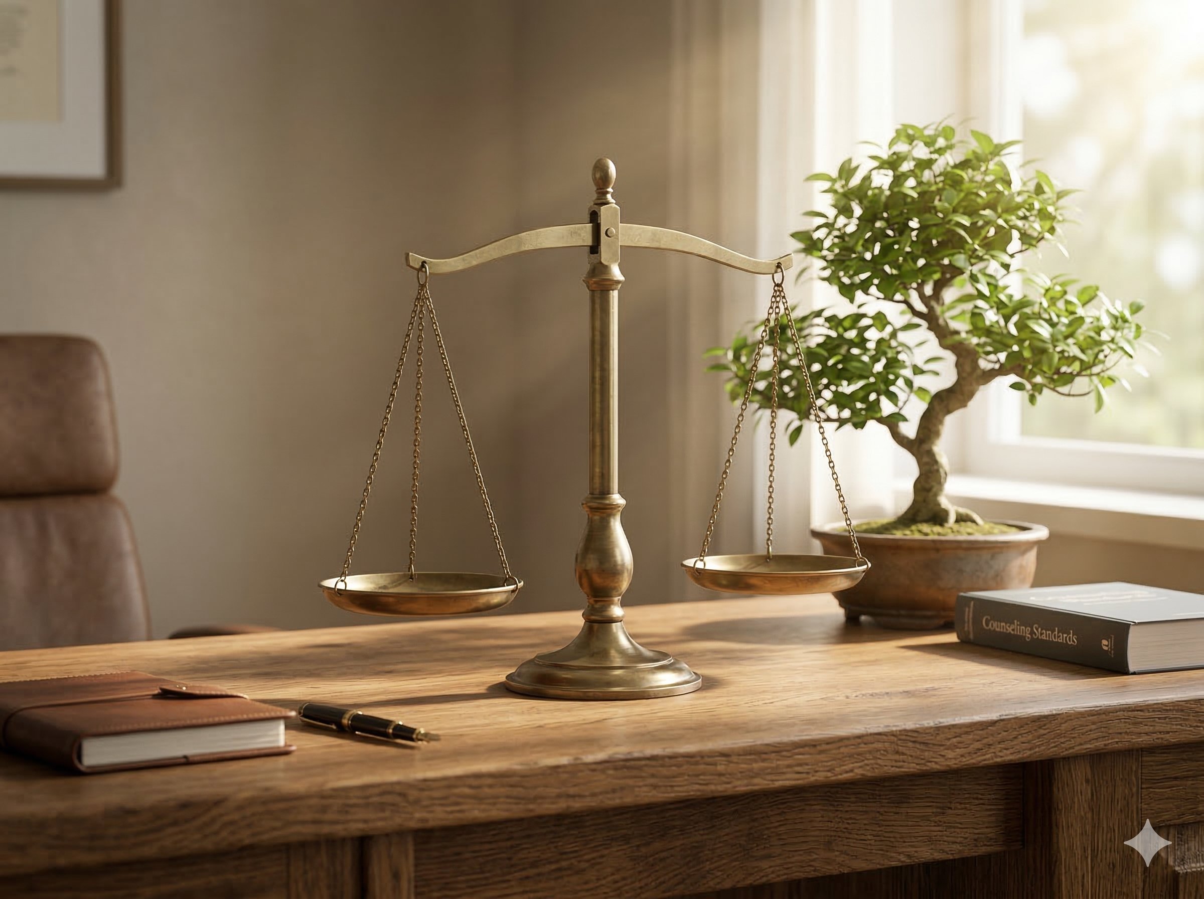 A professional counsellor's oak desk with scales of justice and a bonsai tree, representing registered expertise