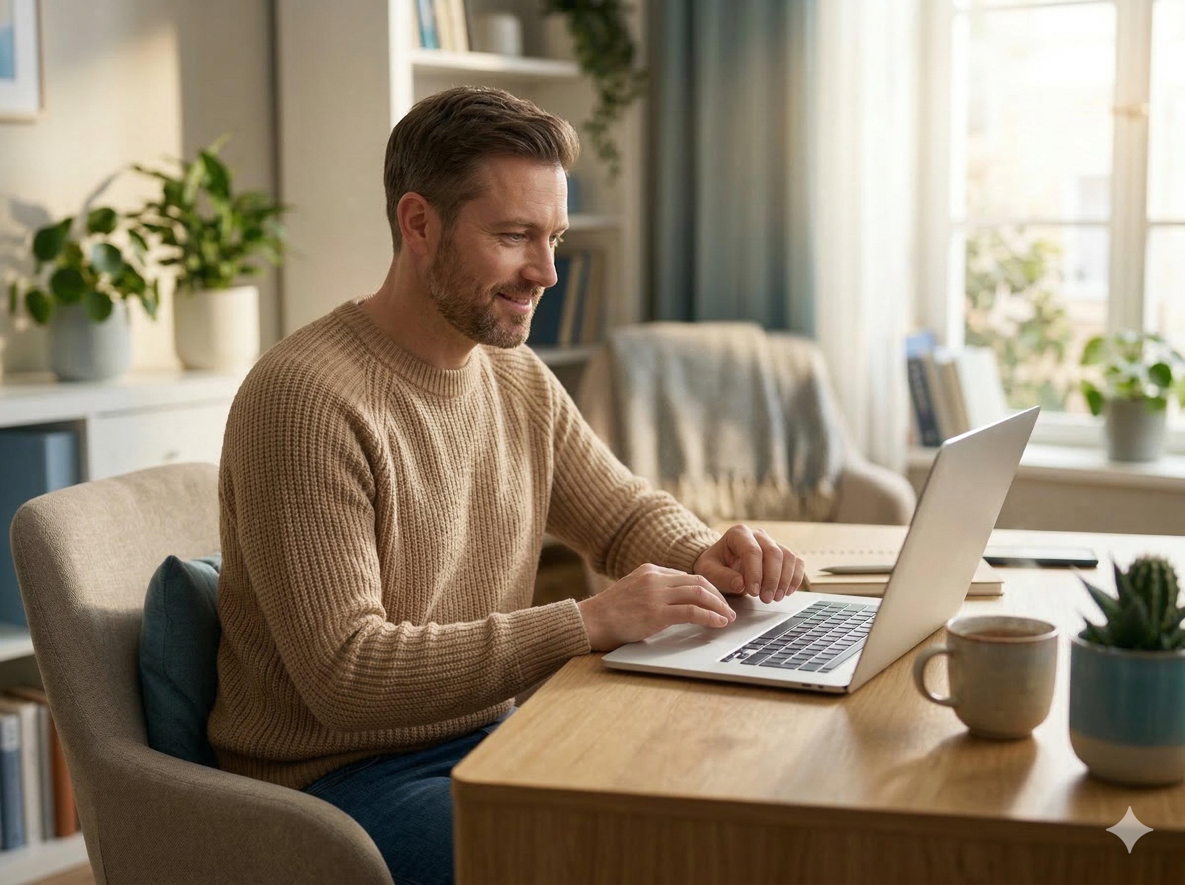 A man smiling while attending an online counselling session on his laptop from home
